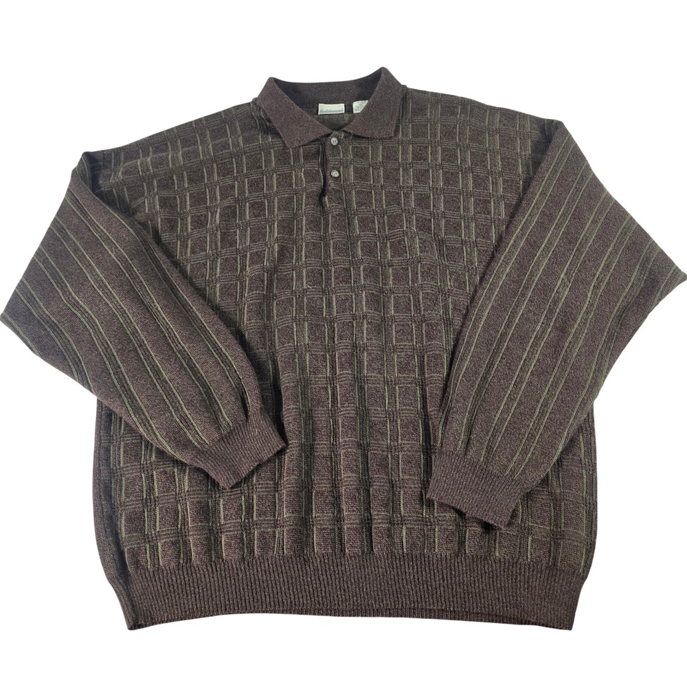 Fieldmaster Mens XL Brown Textured Grid Wool Blend Polo Sweater Made in Italy